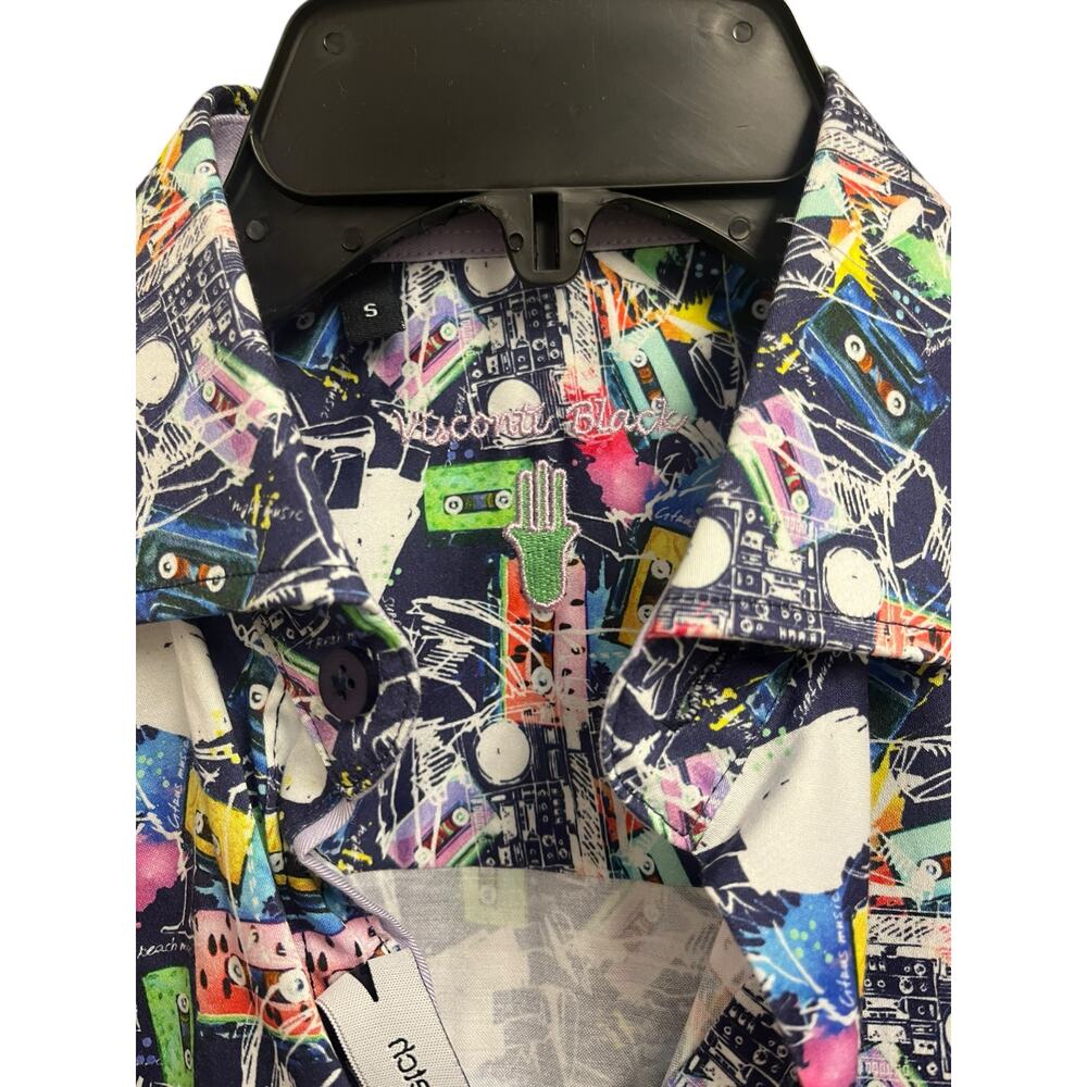 LUCHIANO VISCONTI BLACK Retro 80s Cassette Short Sleeve Shirt | Mens S Multi NWT - Picture 9 of 9